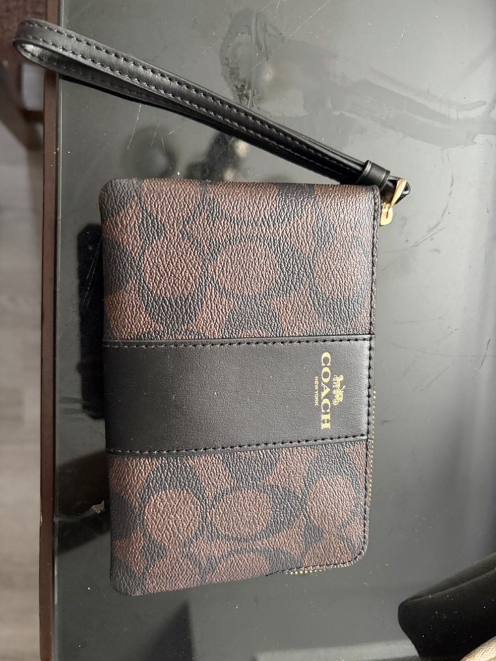 Coach Brown and Black Logo Wristlet with Gold Accent